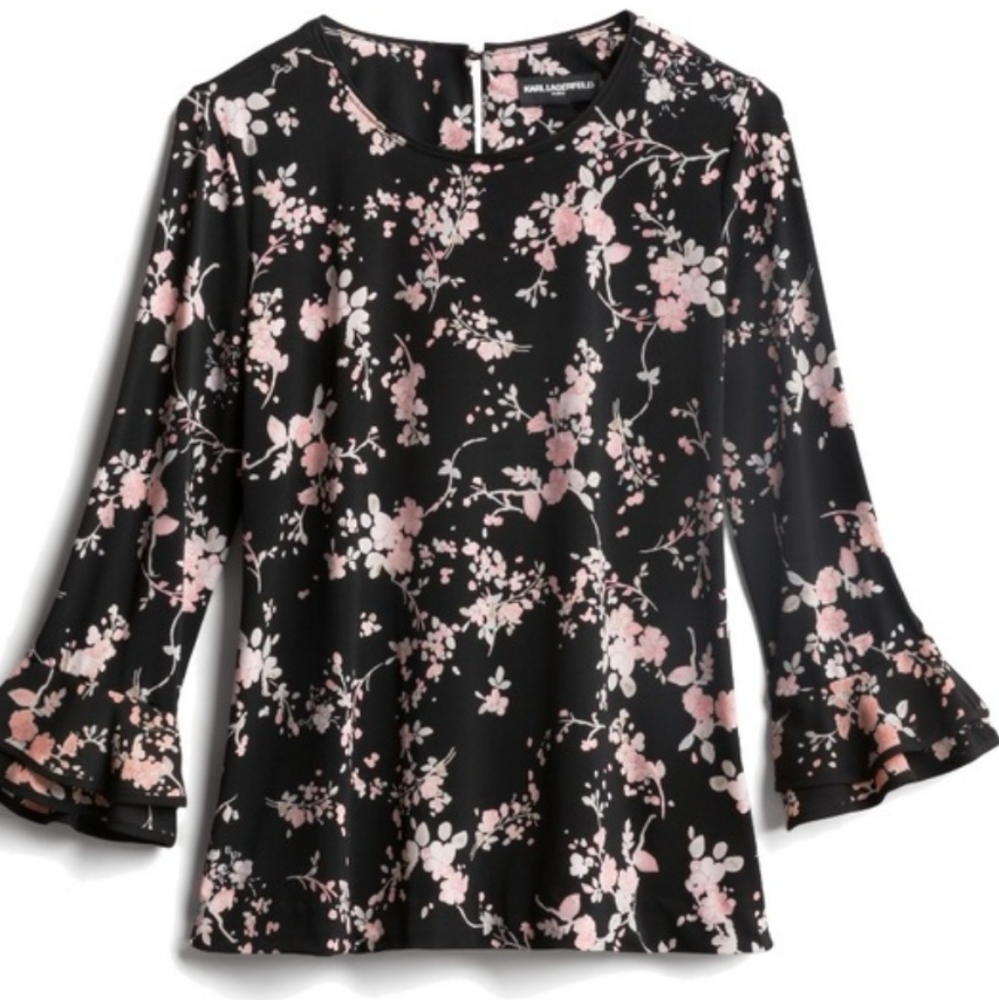 Karl Lagerfeld Paris Yessie Trumpet Sleeve Top. Size Petite Small - Picture 4 of 7